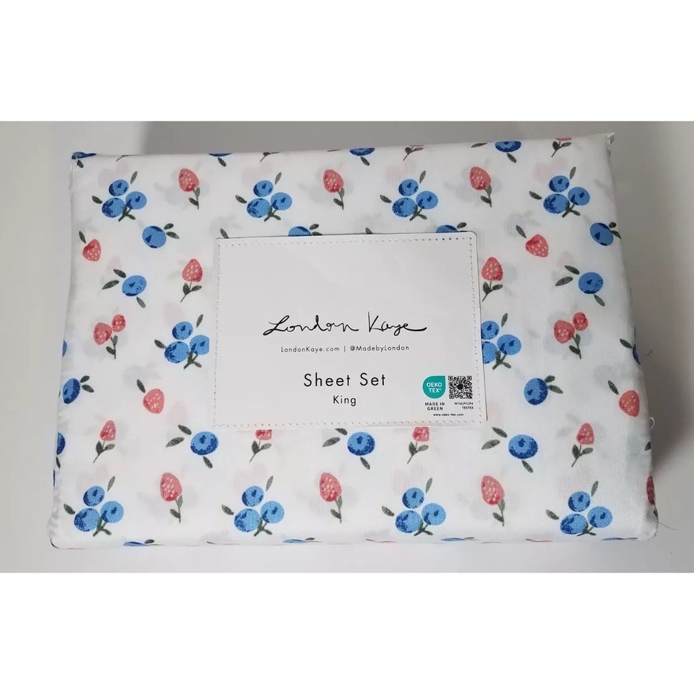 London Kaye‎ KING Size Sheet Set Strawberry Blueberry Spring Time Fun NEW